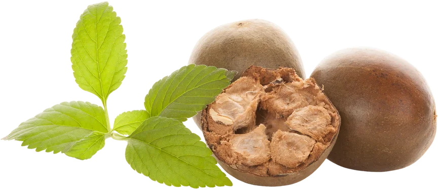 Monk fruit, one cracked open, with green leaves